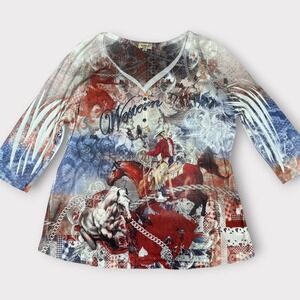 One World 3X Women's Western Cowboy Horse Rodeo Graphic Print 3/4 Sleeve Top